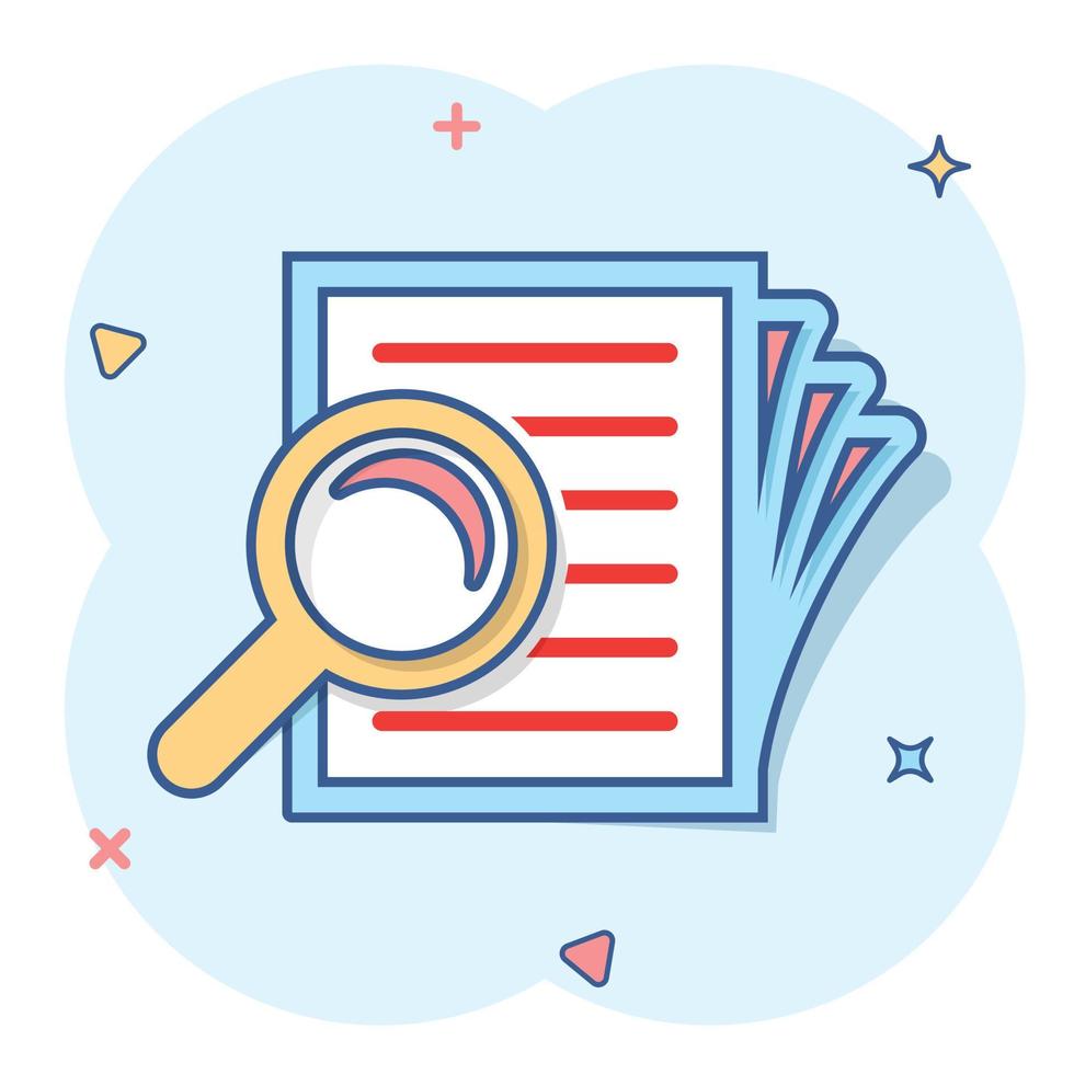 Scrutiny document plan icon in comic style. Review statement vector cartoon illustration pictogram. Document with magnifier loupe business concept splash effect.
