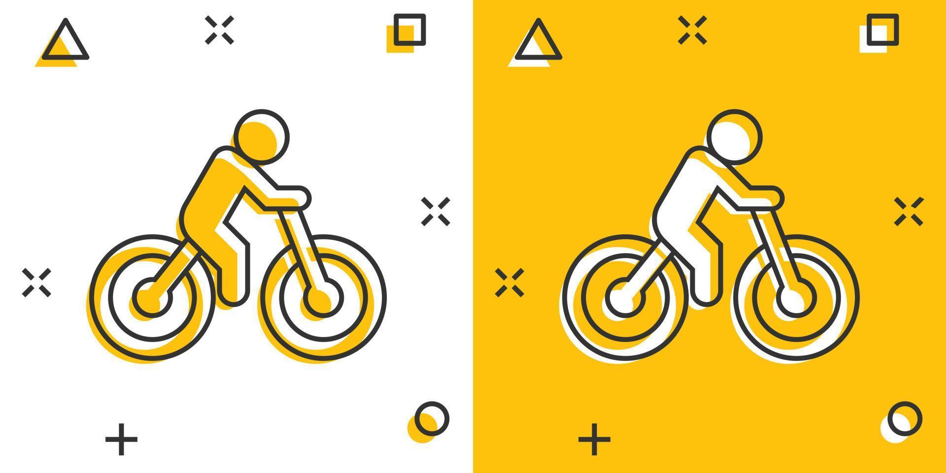 icono de bicicleta en estilo cómico. Bicicleta con ilustración de vector de dibujos animados de personas sobre fondo blanco aislado. concepto de negocio de efecto de salpicadura de jinete.