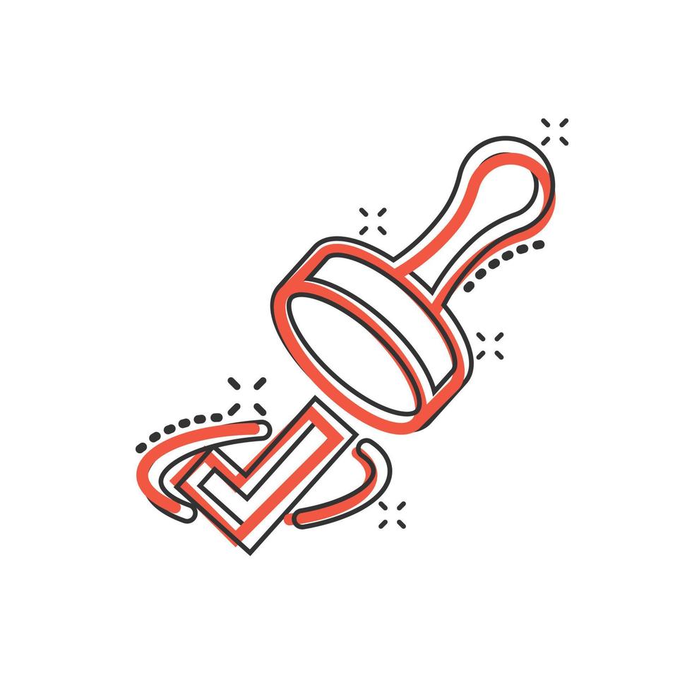 Approve stamp icon in comic style. Accept check mark cartoon vector illustration on white isolated background. Approval choice splash effect business concept.