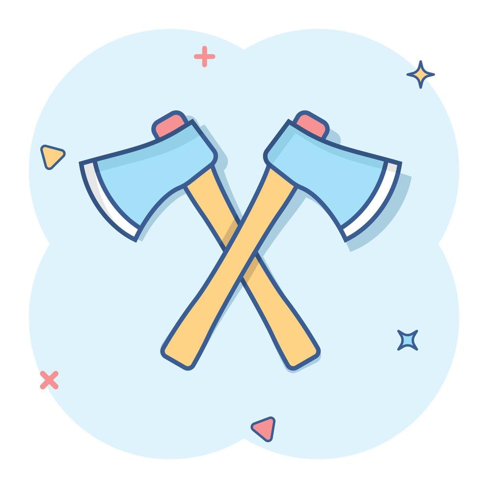 Axe icon in comic style. Lumberjack cartoon vector illustration on white isolated background. Blade splash effect business concept.