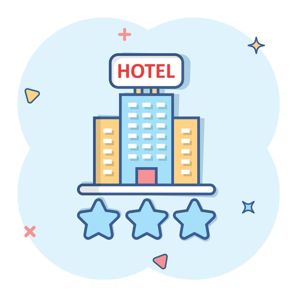 Hotel 3 stars sign icon in comic style. Inn building cartoon vector illustration on white isolated background. Hostel room splash effect business concept.