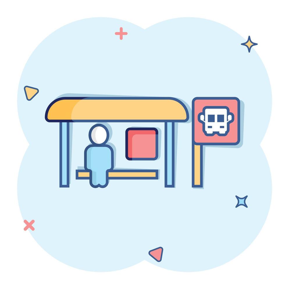 Bus station icon in comic style. Auto stop cartoon vector illustration on white isolated background. Autobus vehicle splash effect business concept.