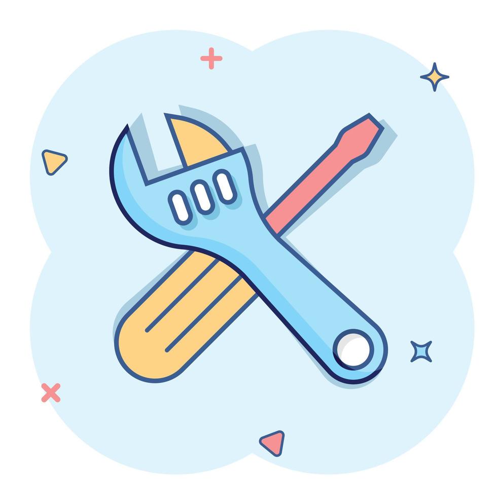 Wrench and screwdriver icon in comic style. Spanner key cartoon vector illustration on white isolated background. Repair equipment splash effect business concept.