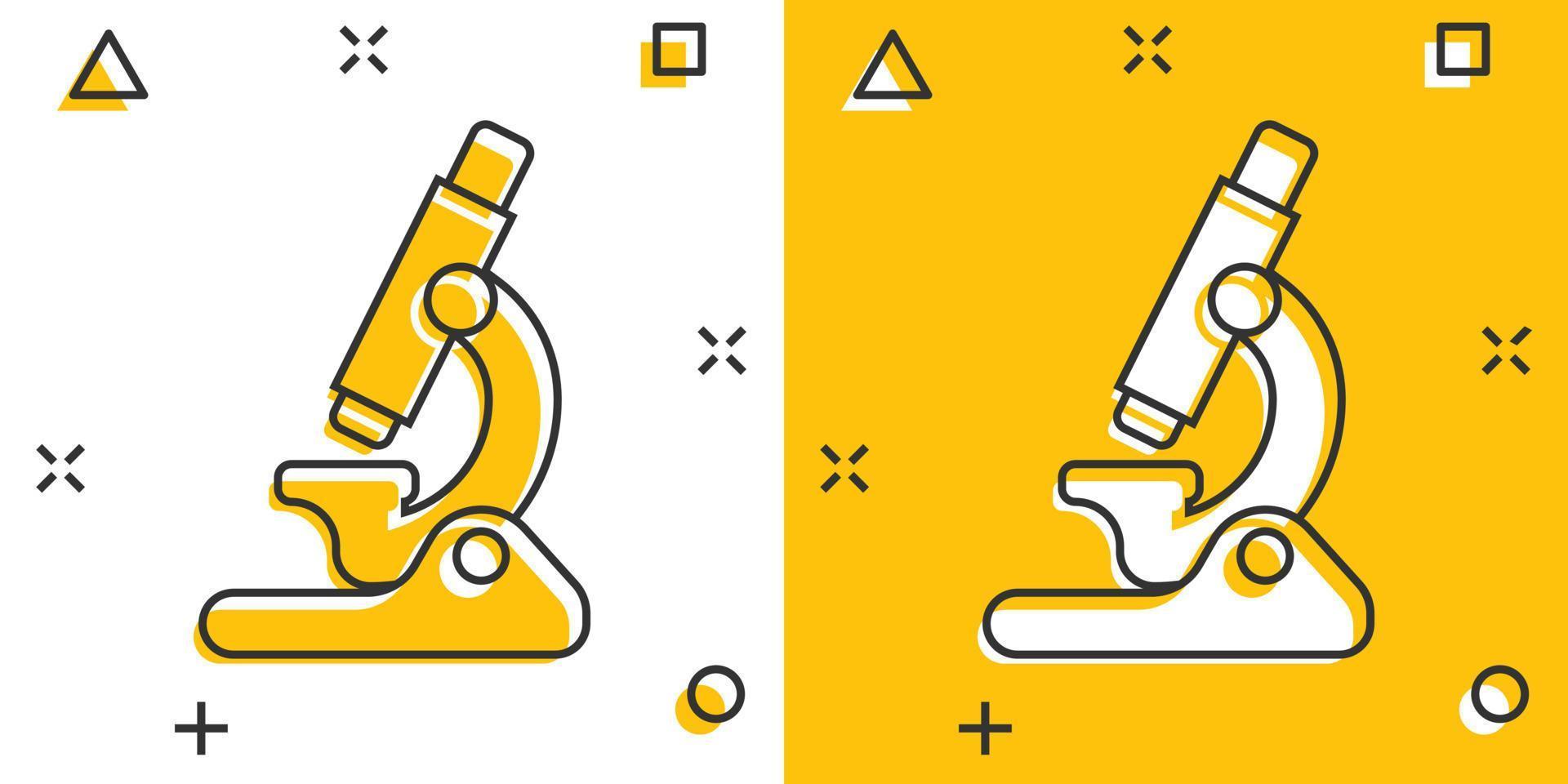 icono de microscopio en estilo cómico. Ilustración de vector de dibujos animados de lupa de laboratorio sobre fondo aislado. concepto de negocio de signo de efecto de salpicadura de instrumento de biología.