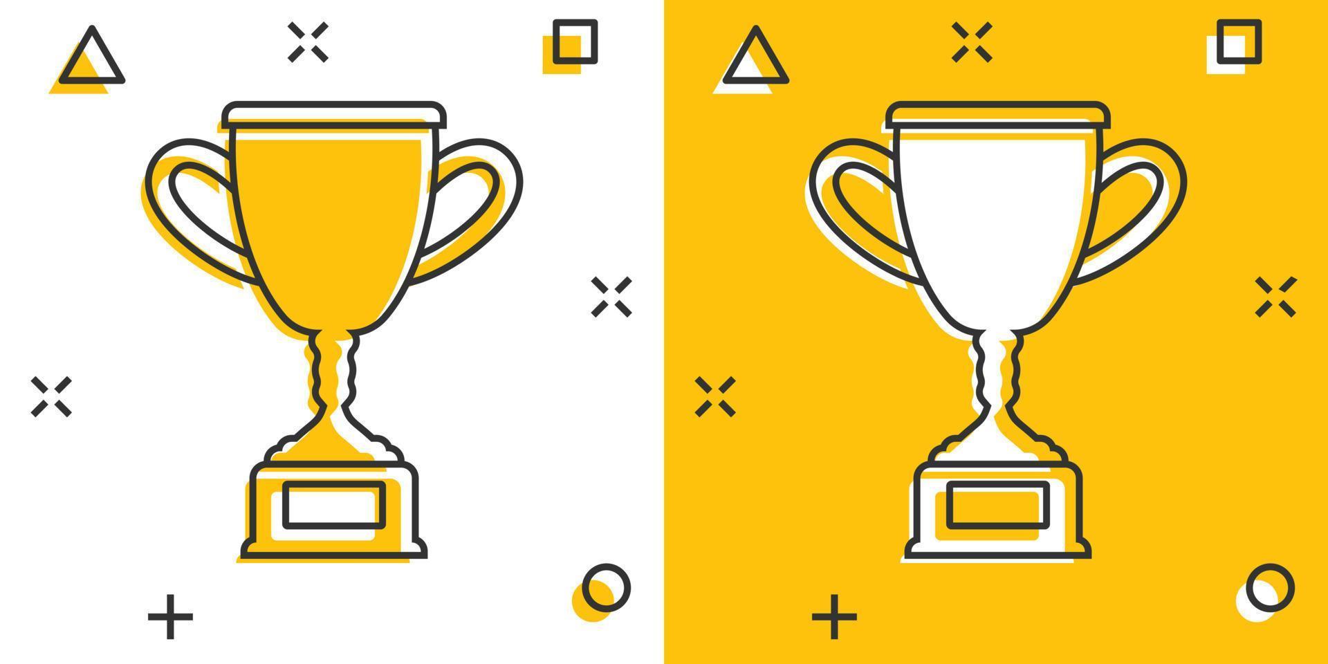 Trophy cup icon in comic style. Goblet prize cartoon vector illustration on isolated background. Award splash effect sign business concept.