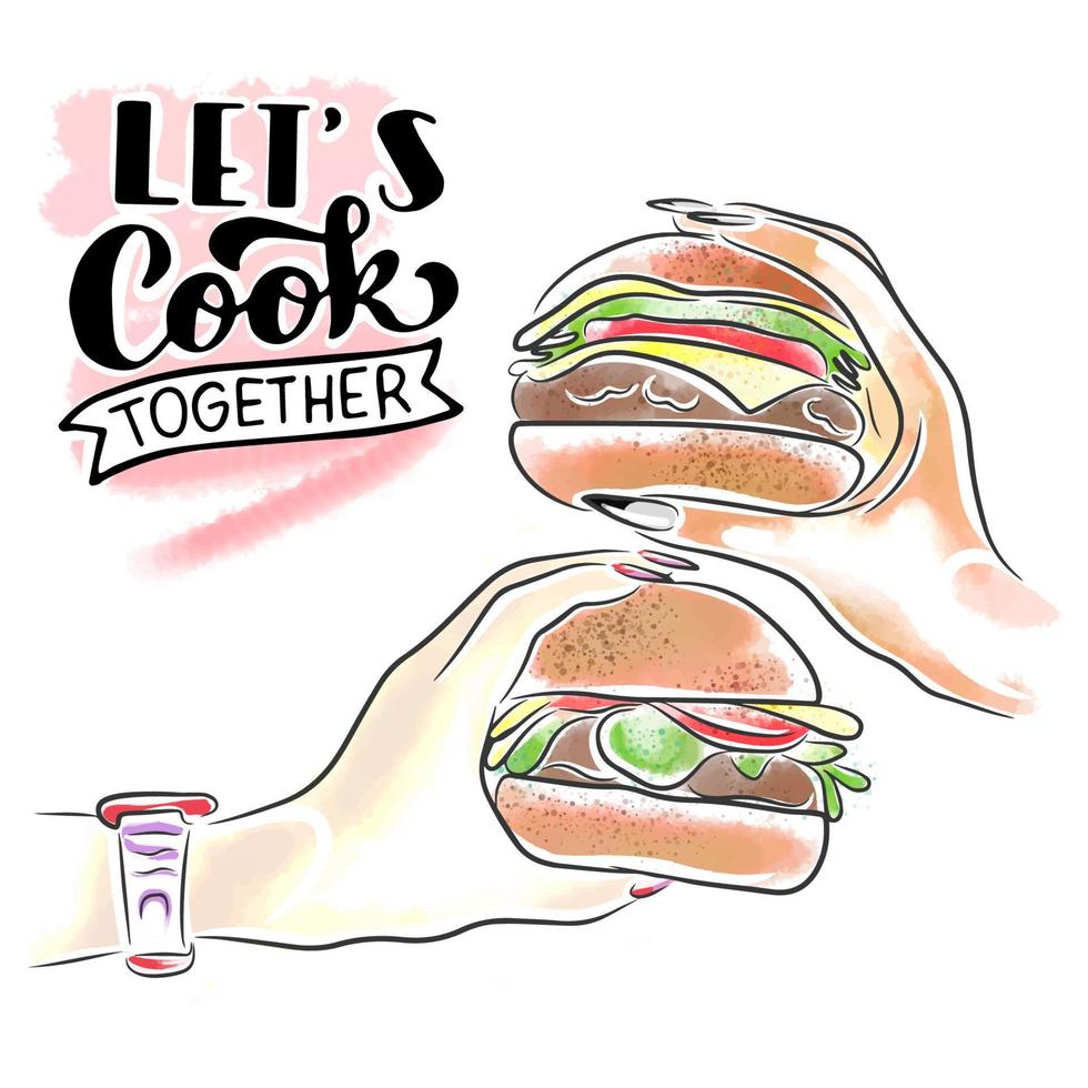 volante promocional dibujado a mano, deliciosas hamburguesas, manos con uñas largas, comida callejera vector