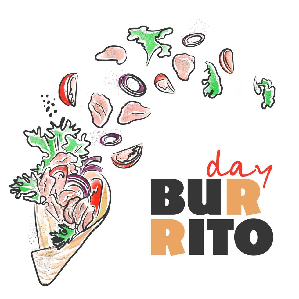 Burrito day, delicious burrito and healthy food, lettering, watercolor vector