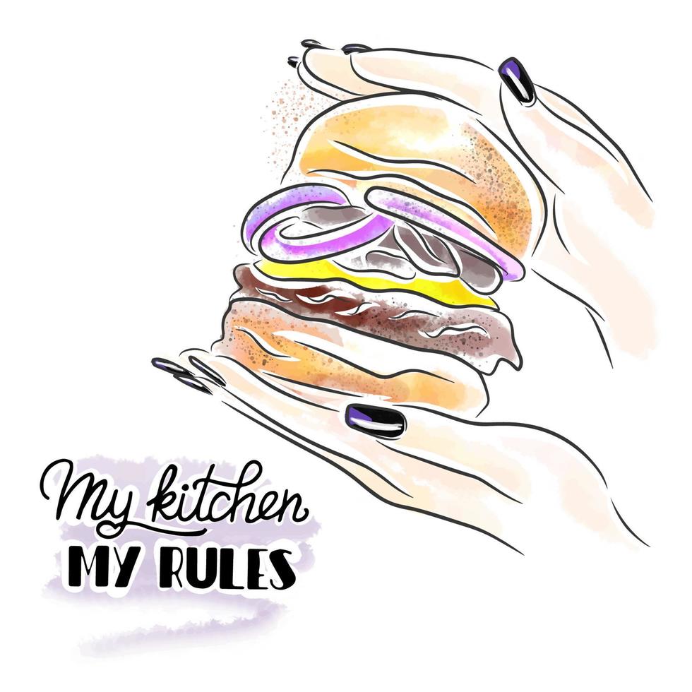 Hamburger with onion in hands with long nails, lettering, watercolor vector