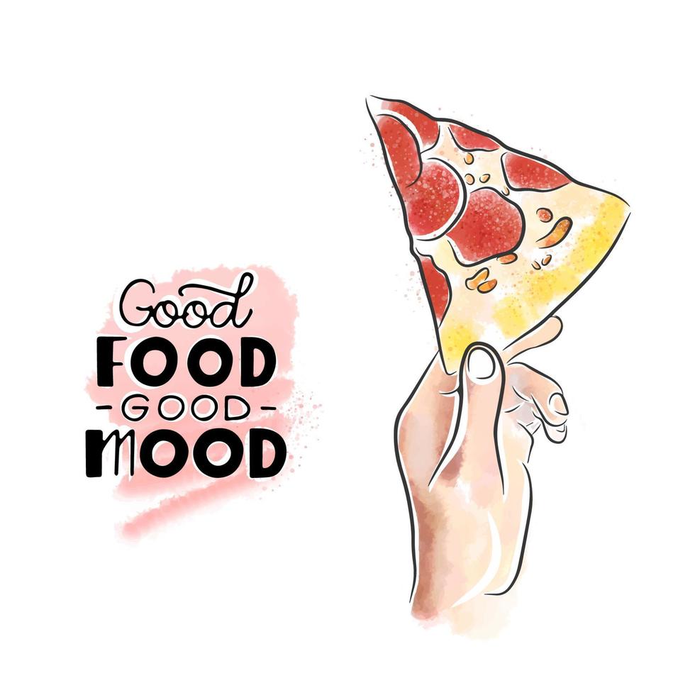 A piece of delicious pizza with sausage in a male hand, lettering, watercolor vector