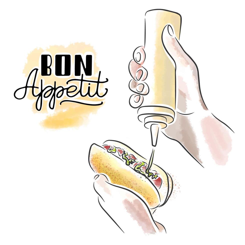 cocinar hot dog con mostaza, letras, manos masculinas, comida callejera vector