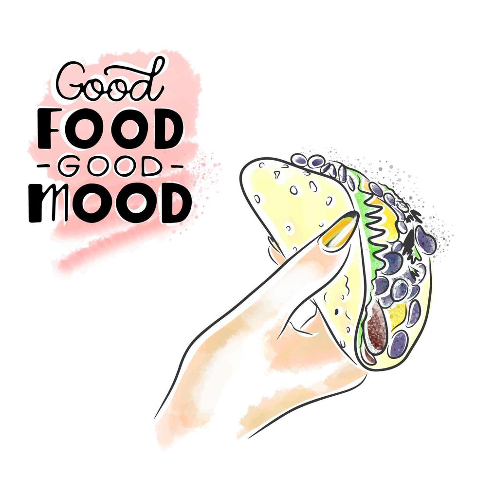 Delicious tacos in hand with a beautiful manicure, lettering, watercolor vector