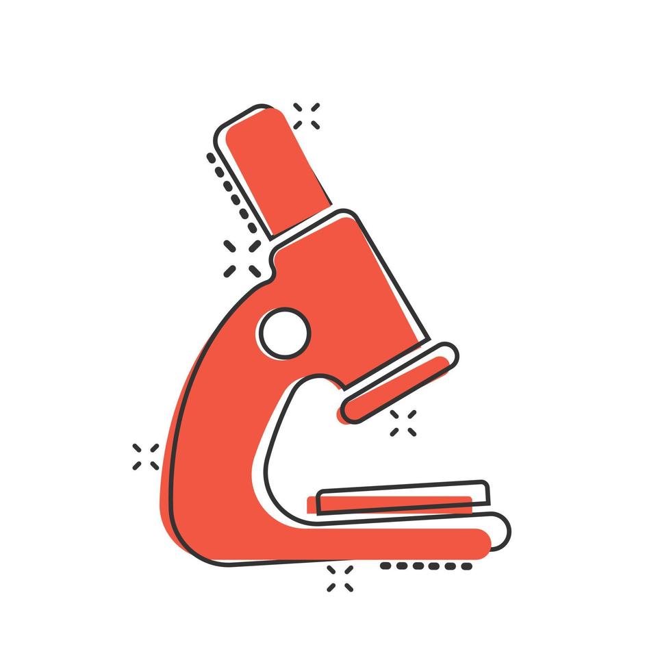 Microscope icon in comic style. Laboratory magnifier cartoon vector illustration on isolated background. Biology instrument splash effect sign business concept.