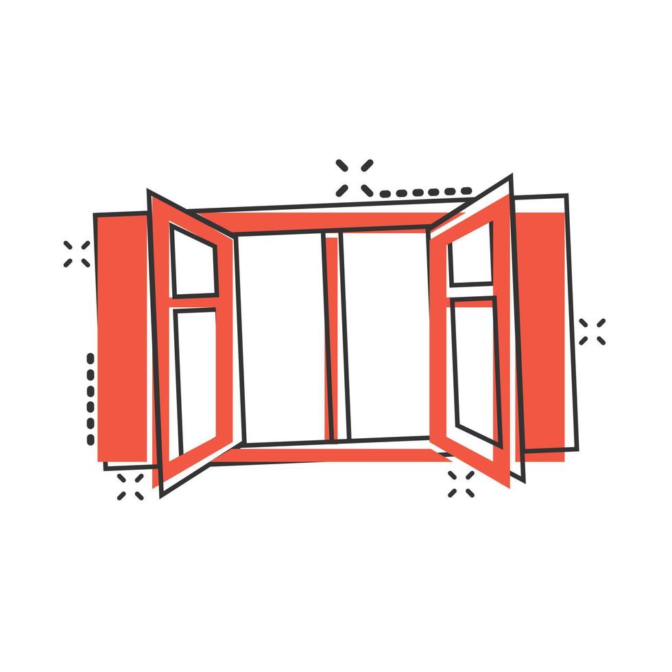 Window icon in comic style. Casement cartoon vector illustration on isolated background. House interior splash effect sign business concept.