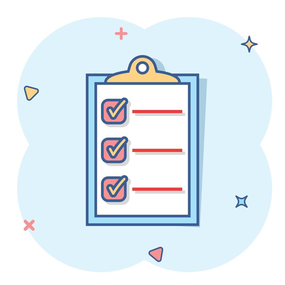 Vector cartoon to do list icon in comic style. Checklist, task list sign illustration pictogram. Reminder business splash effect concept.