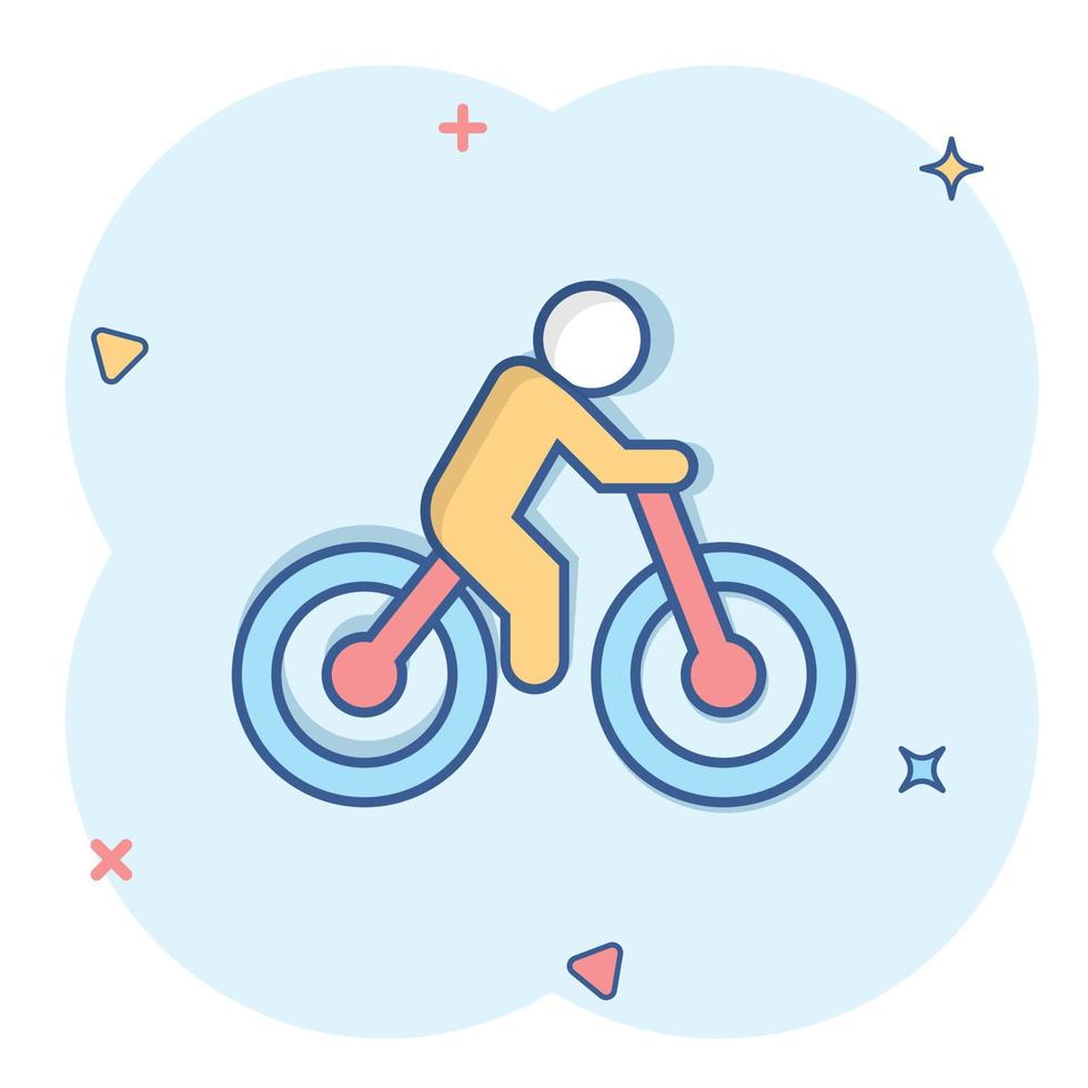 icono de bicicleta en estilo cómico. Bicicleta con ilustración de vector de dibujos animados de personas sobre fondo blanco aislado. concepto de negocio de efecto de salpicadura de jinete.