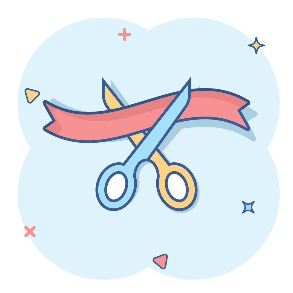 Scissors icon in comic style. Cutting ribbon vector cartoon illustration on white isolated background. Ceremonial business concept splash effect.