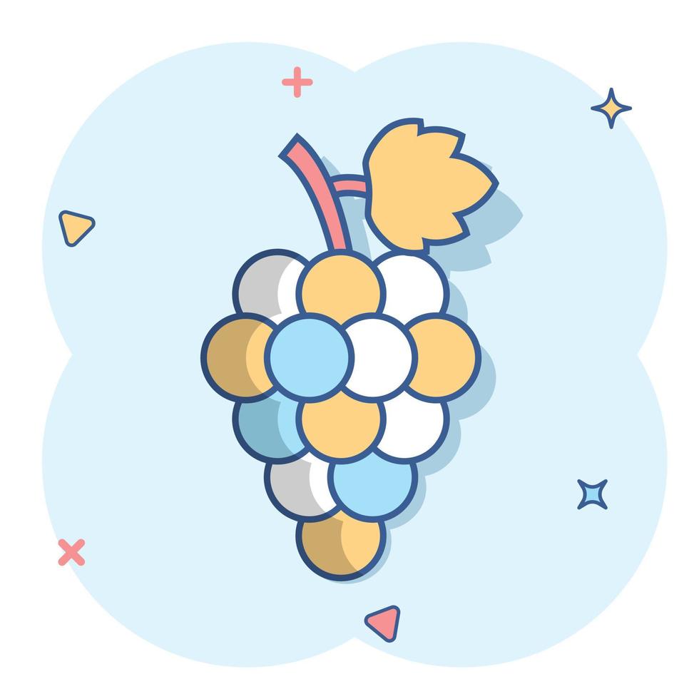 Vector cartoon grape fruit with leaf icon in comic style. Wine sign illustration pictogram. Grapevine business splash effect concept.