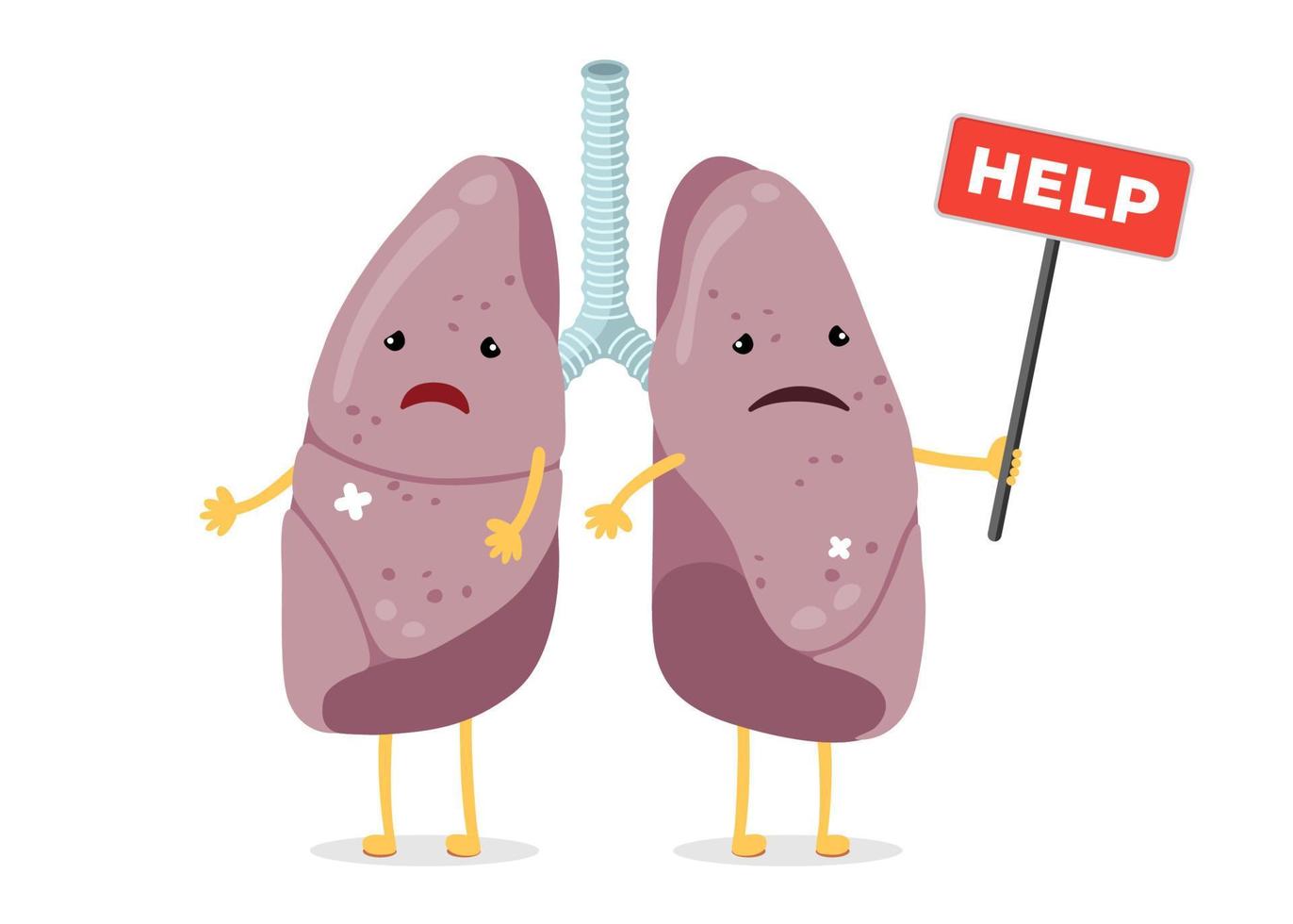 Cartoon sad suffering sick lungs characters. Unhealthy damage human respiratory system internal organ mascot with help sign. Illness and pain lung pair concept. Medical anatomy damage vector eps