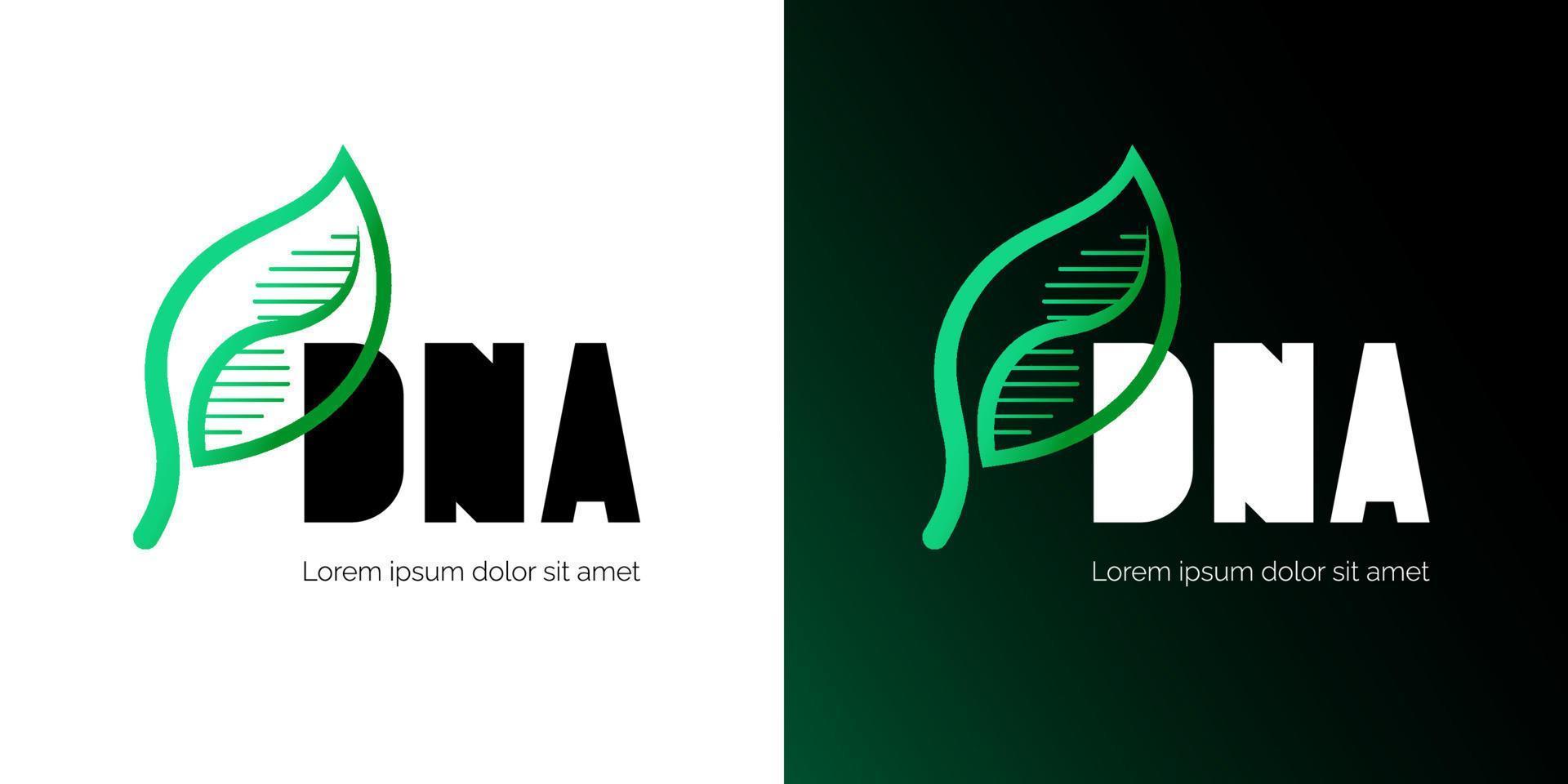 molécula espiral de adn natural en el diseño del logotipo de la hoja. concepto de logotipo de estructura de hélice de genes de medicina. planta molecular genética. plantilla de vector creativo de identidad de marca comercial de energía verde o biotecnología