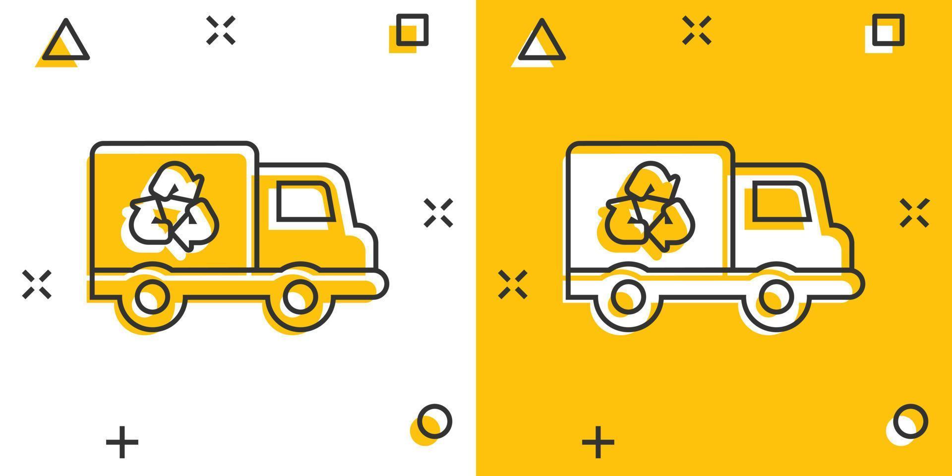 Garbage truck icon in comic style. Recycle cartoon vector illustration on white isolated background. Trash car splash effect sign business concept.