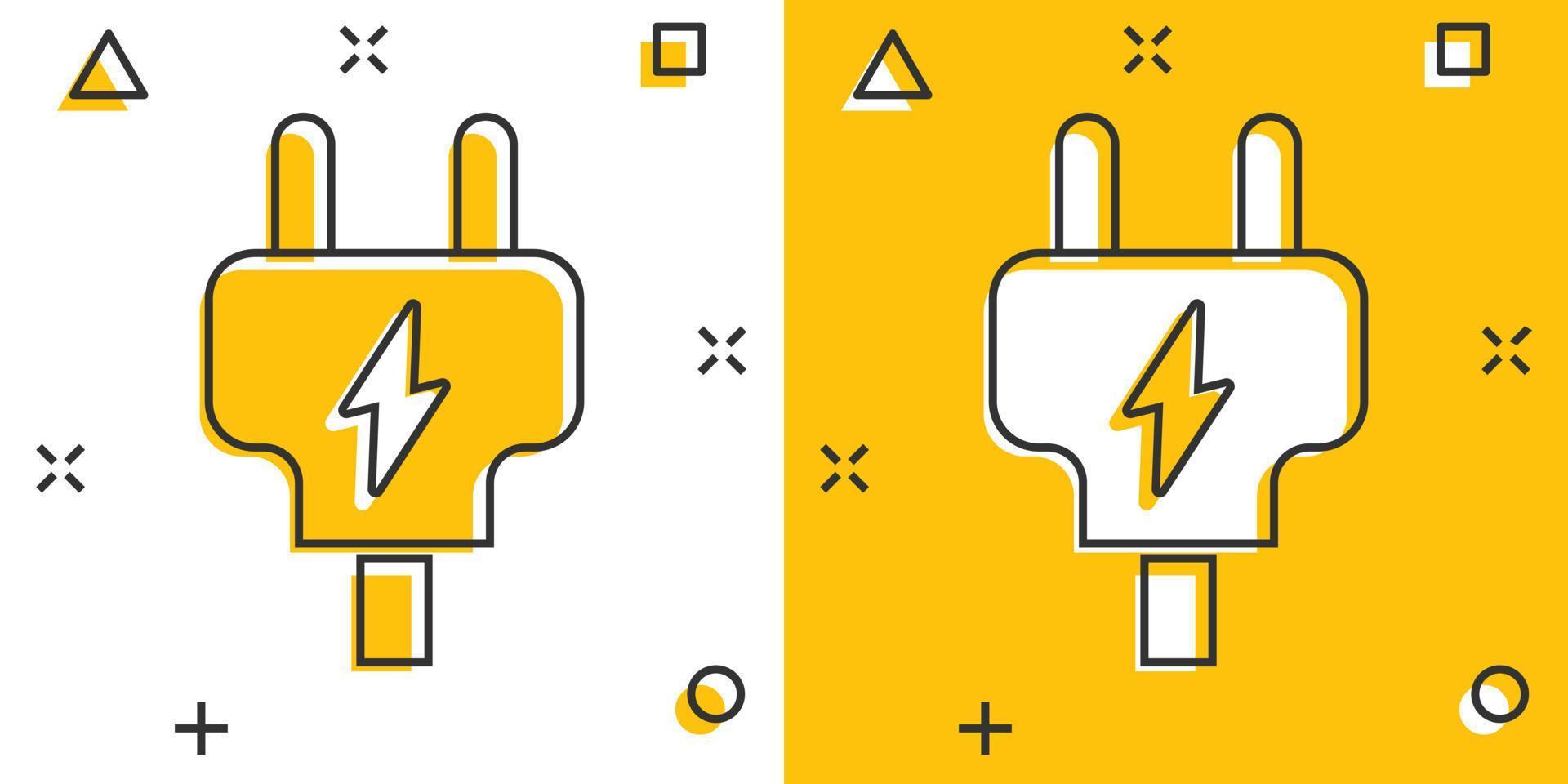 Electric plug icon in comic style. Power adapter cartoon vector illustration on white isolated background. Electrician splash effect sign business concept.