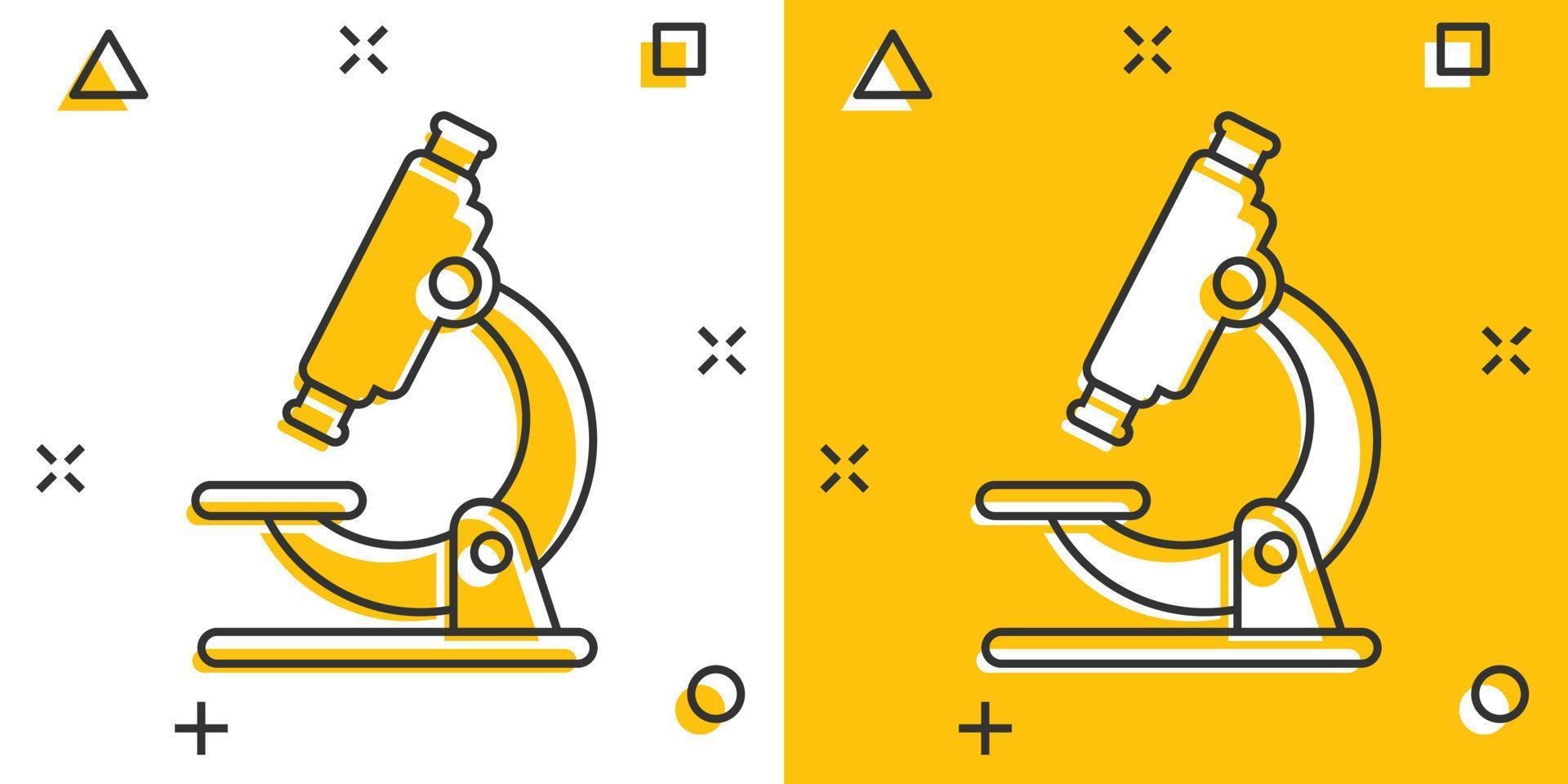 Microscope icon in comic style. Laboratory magnifier cartoon vector illustration on isolated background. Biology instrument splash effect sign business concept.