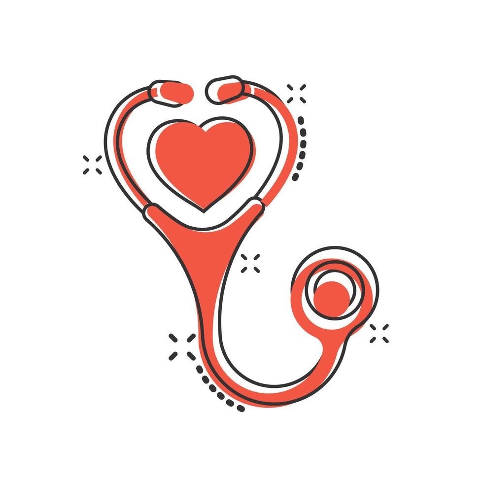 Stethoscope icon in comic style. Heart diagnostic cartoon vector illustration on isolated background. Medicine splash effect sign business concept.