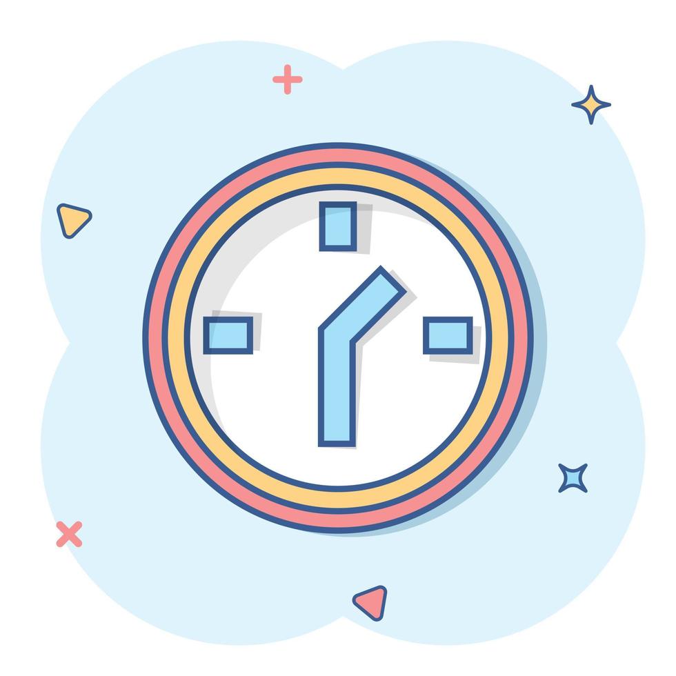 Clock icon in comic style. Watch cartoon vector illustration on white isolated background. Timer splash effect business concept.