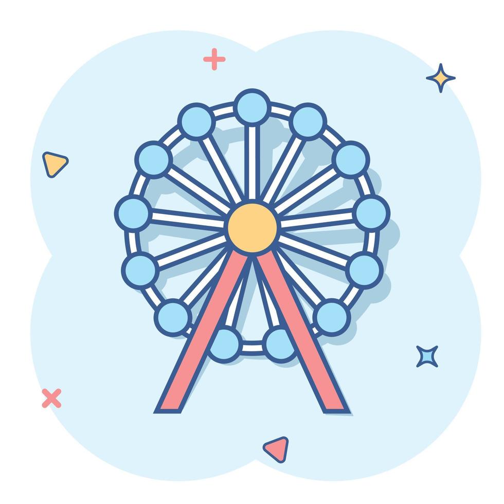 Vector cartoon ferris wheel icon in comic style. Carousel in park sign illustration pictogram. Amusement ride business splash effect concept.