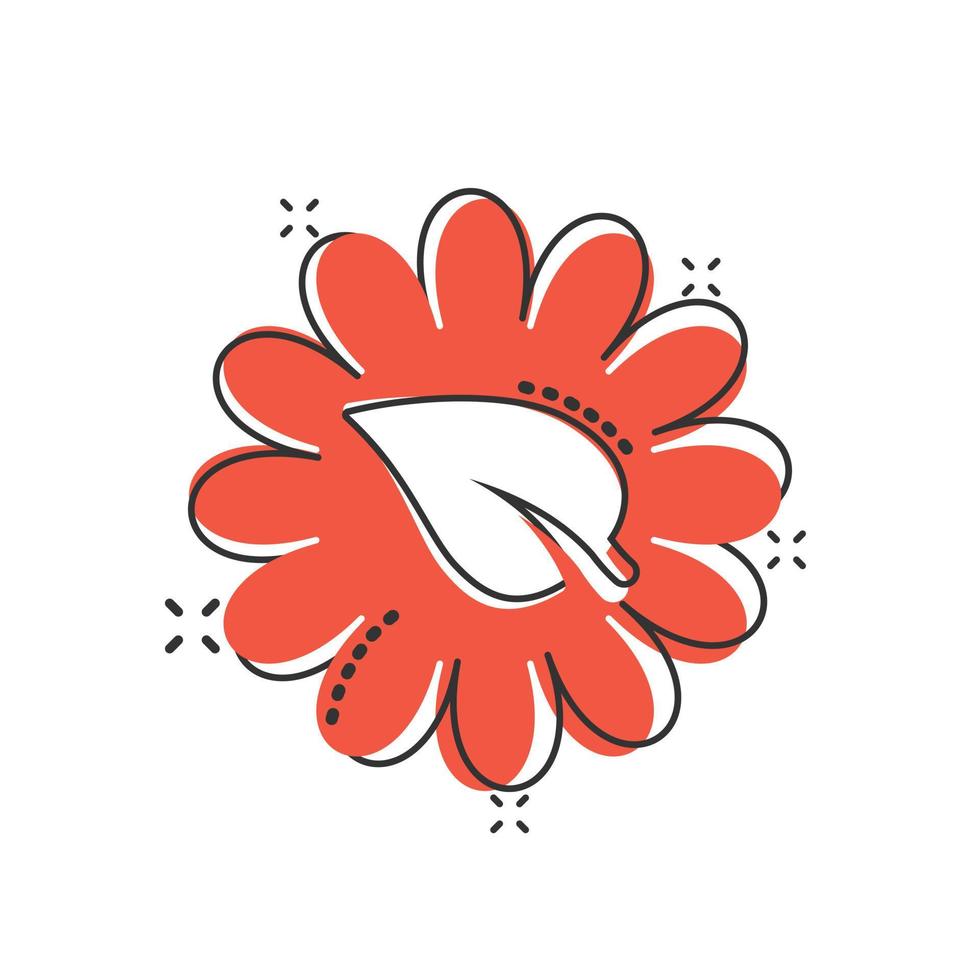 Leaf and chamomile icon in comic style. Flower with plant cartoon vector illustration on white isolated background. Eco power splash effect sign business concept.