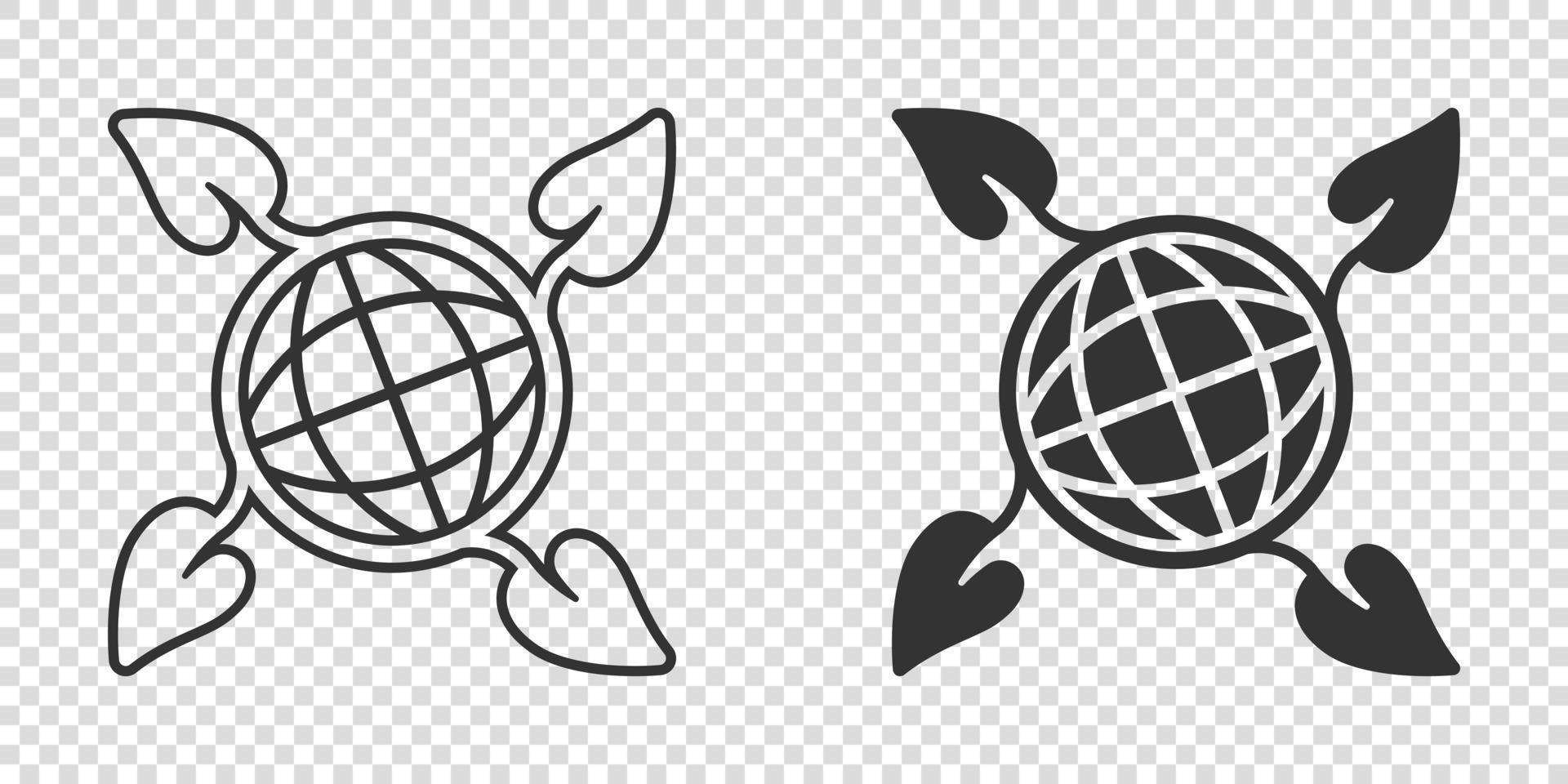 Planet and leaf icon in flat style. World and eco vector illustration on white isolated background. Globe and organic business concept.