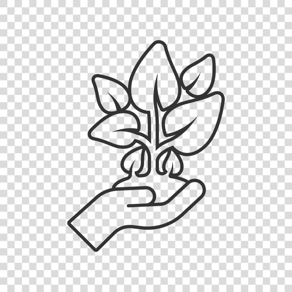 Hand with plant icon in flat style. Flower sprout vector illustration on white isolated background. Environmental protection sign business concept.