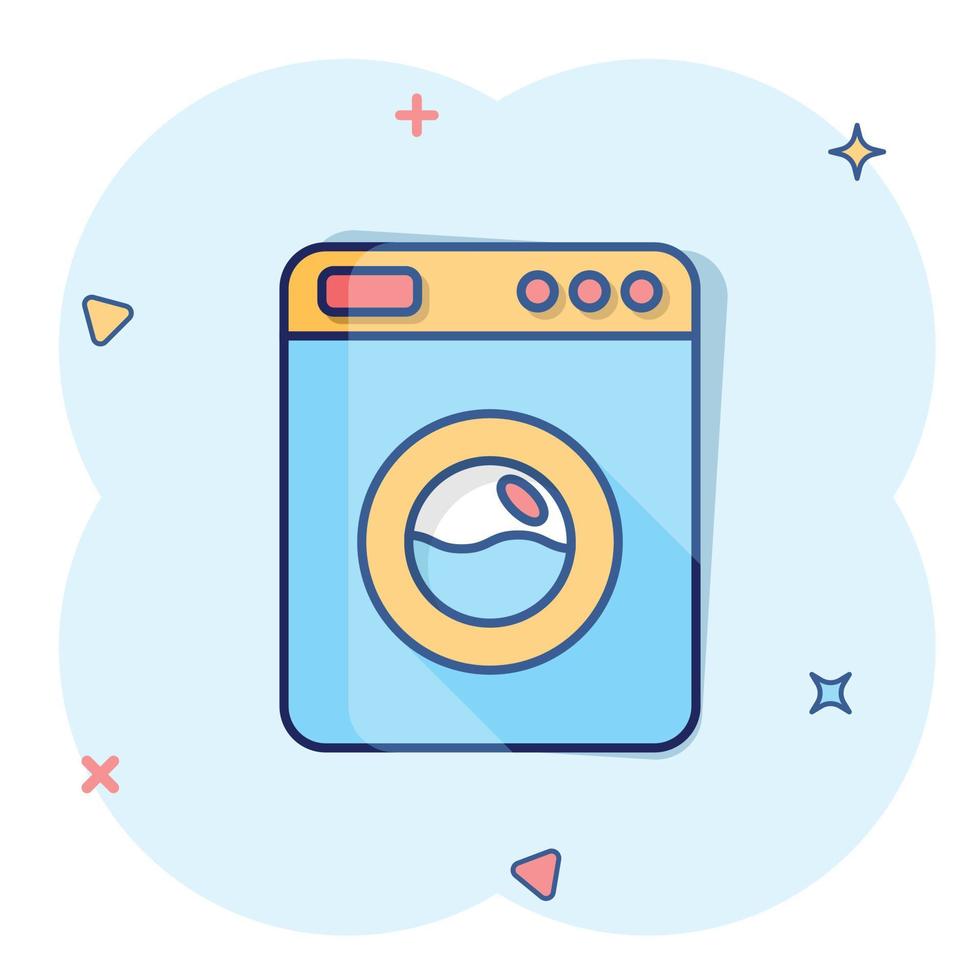 Washing machine icon in comic style. Washer cartoon vector illustration on white isolated background. Laundry splash effect business concept.