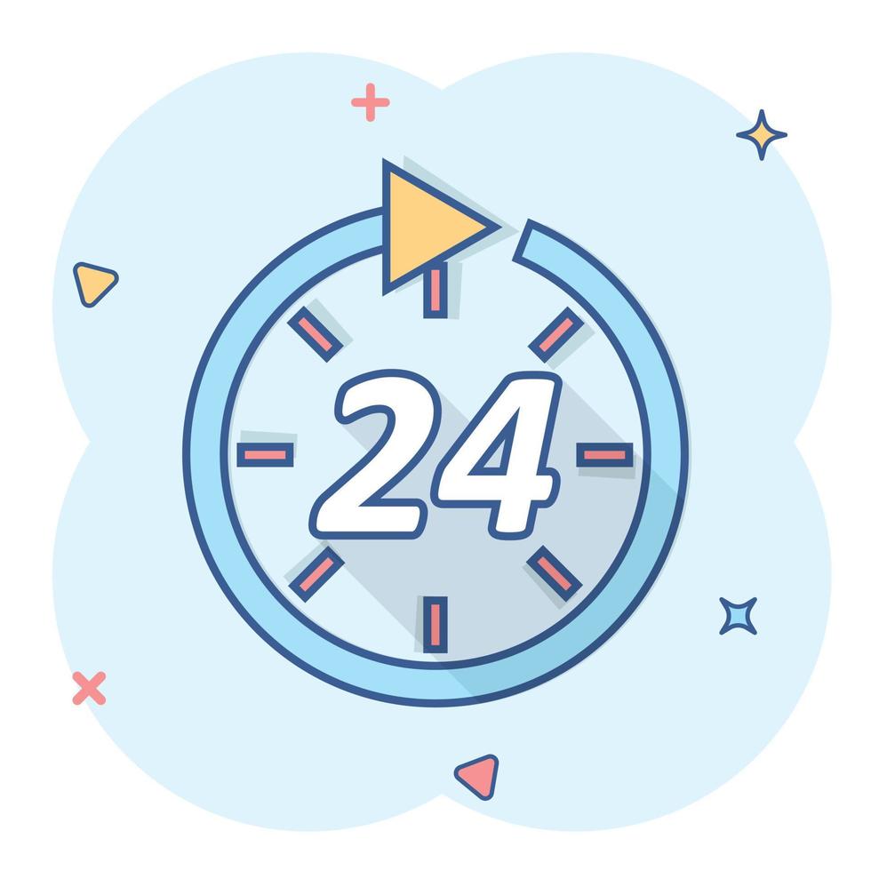 Vector cartoon time icon in comic style. 24 hours sign illustration pictogram. Clock timer business splash effect concept.