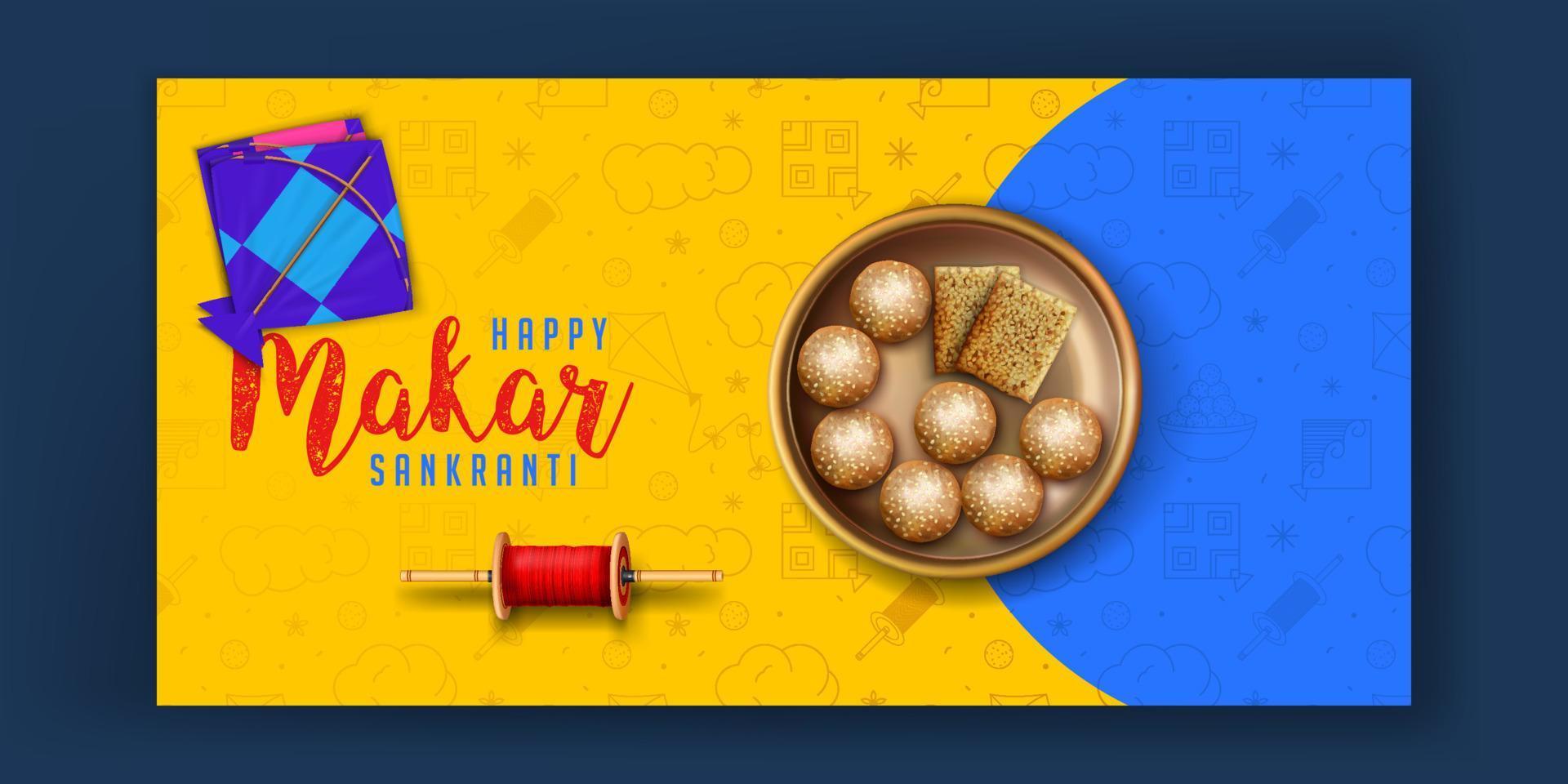 makar sankranti festival banner template design with kites, latai and sweets thali illustration vector