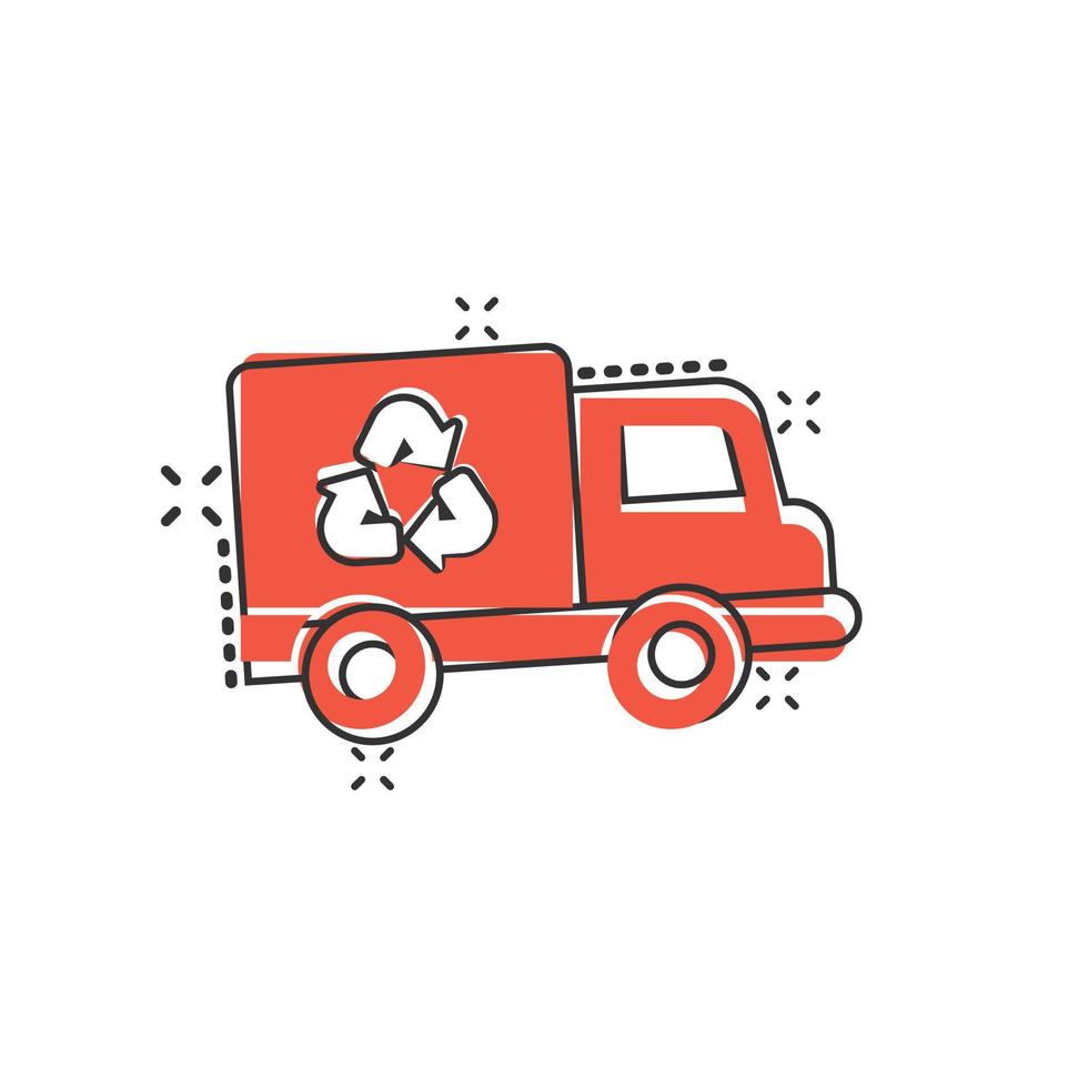 Garbage truck icon in comic style. Recycle cartoon vector illustration on white isolated background. Trash car splash effect sign business concept.