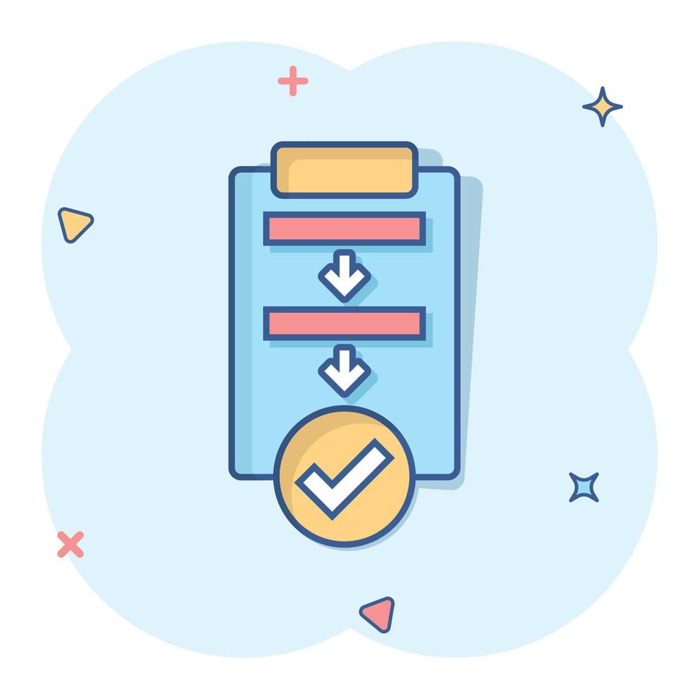Procedure list icon in comic style. Document project cartoon vector illustration on white isolated background. Checklist splash effect business concept.