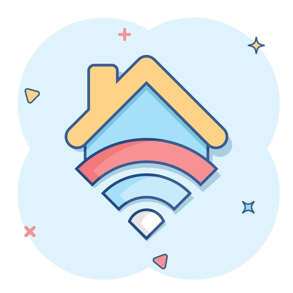 Smart home icon in comic style. House control vector cartoon illustration pictogram. Smart home business concept splash effect.