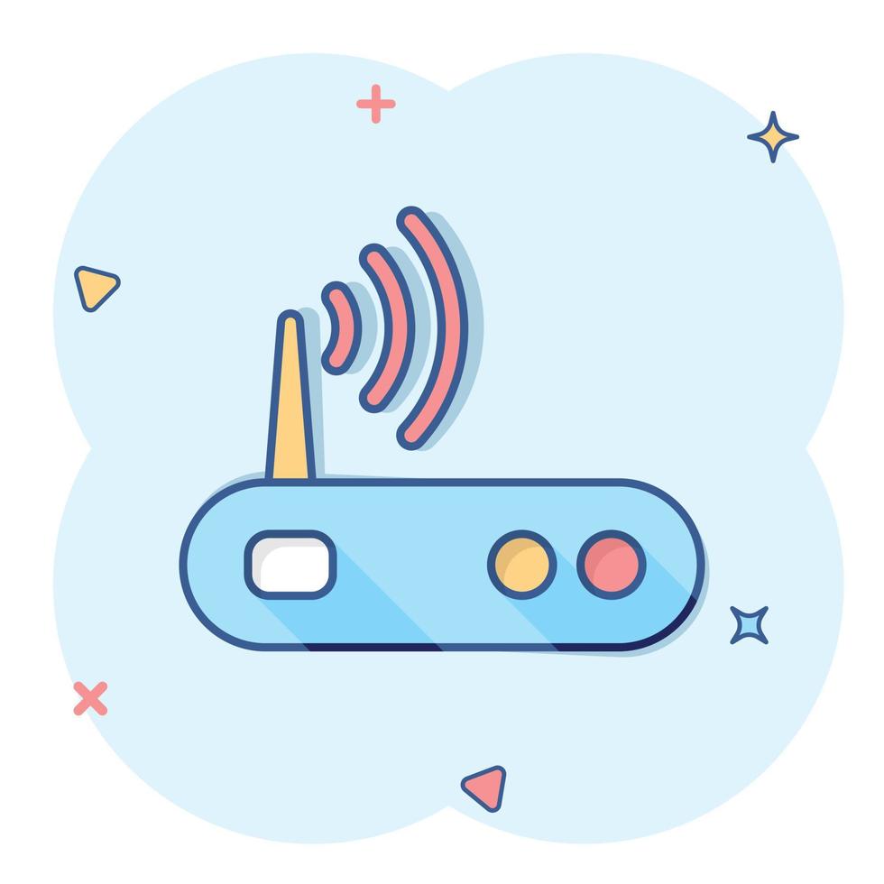 icono de enrutador wifi en estilo cómico. ilustración vectorial de dibujos animados de banda ancha sobre fondo blanco aislado. concepto de negocio de efecto de salpicadura de conexión a Internet. vector