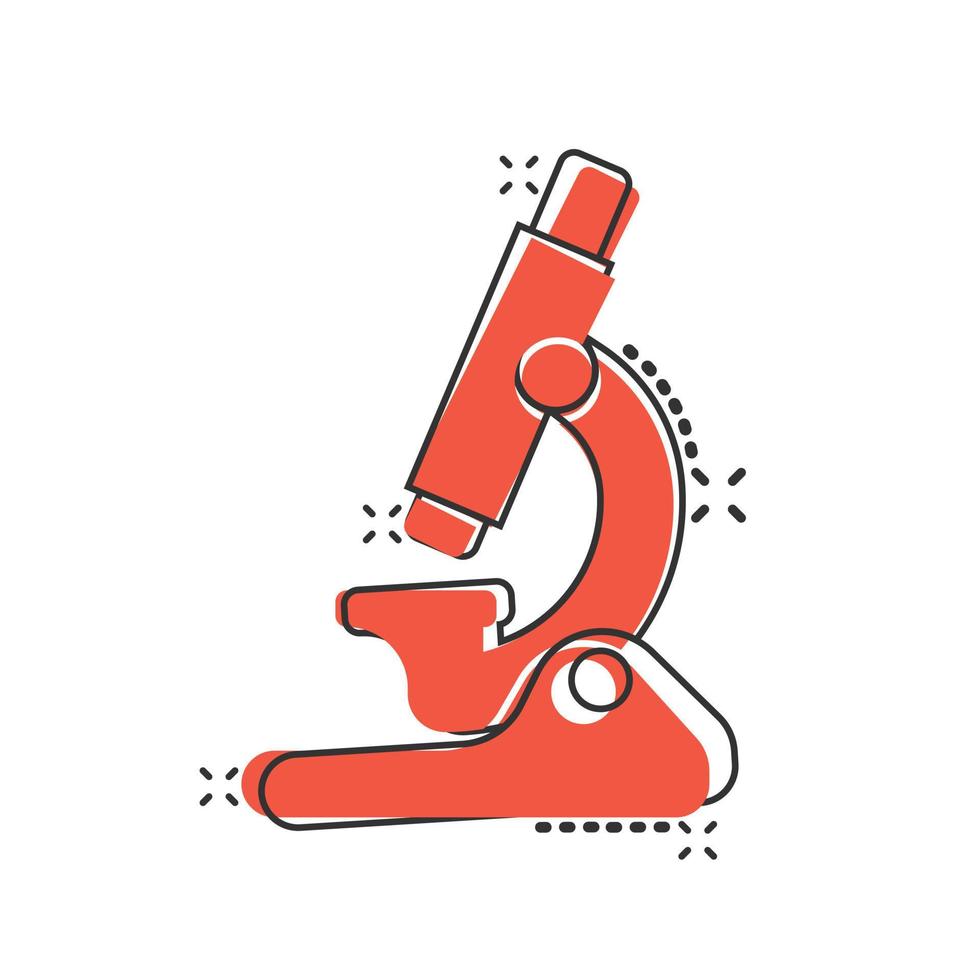Microscope icon in comic style. Laboratory magnifier cartoon vector illustration on isolated background. Biology instrument splash effect sign business concept.
