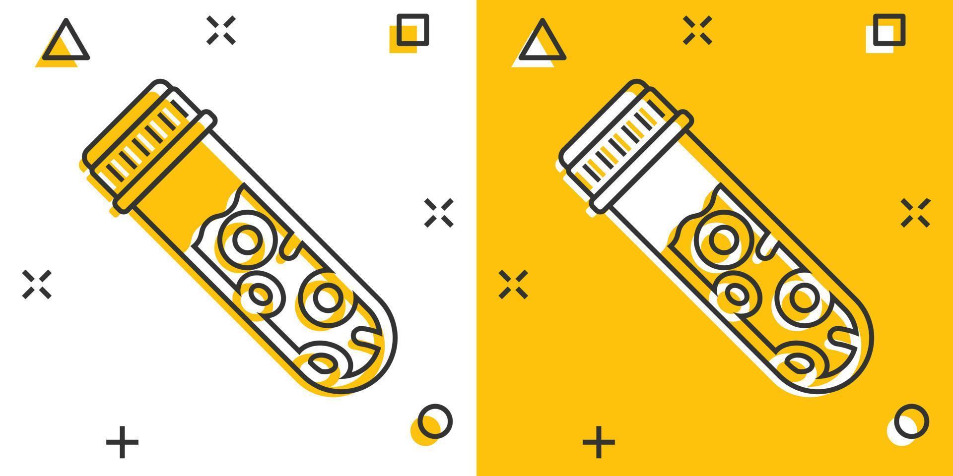 icono de tubo de análisis de sangre en estilo cómico. ilustración de vector de dibujos animados de hematología sobre fondo aislado. concepto de negocio de signo de efecto de salpicadura de matraz de laboratorio.