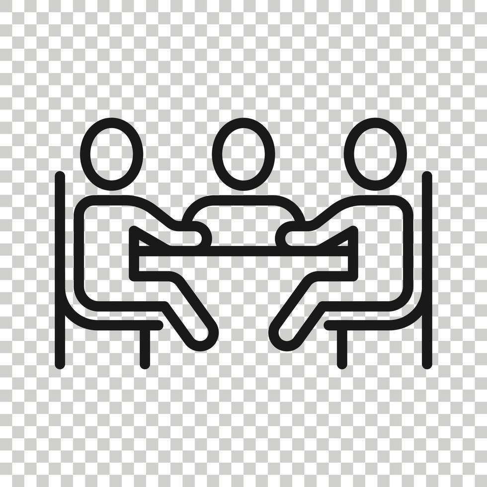 People with table icon in flat style. Teamwork conference vector illustration on white isolated background. Speaker dialog business concept.