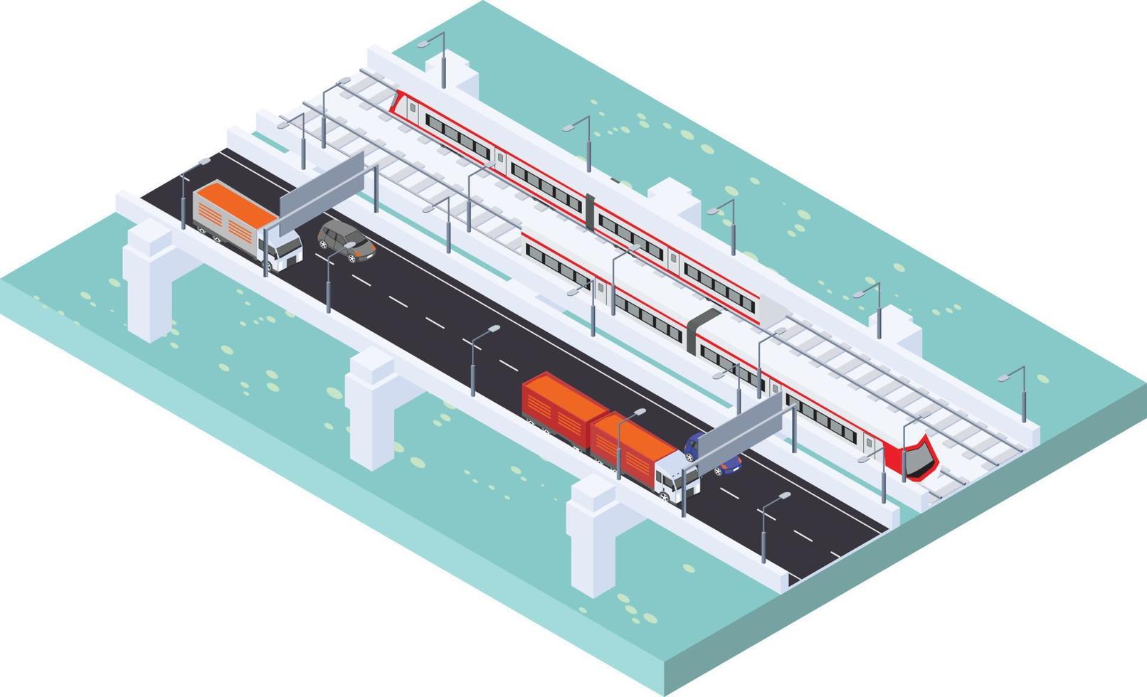 escena isométrica del moderno tren eléctrico de alta velocidad con puente sobre el río oceánico vector