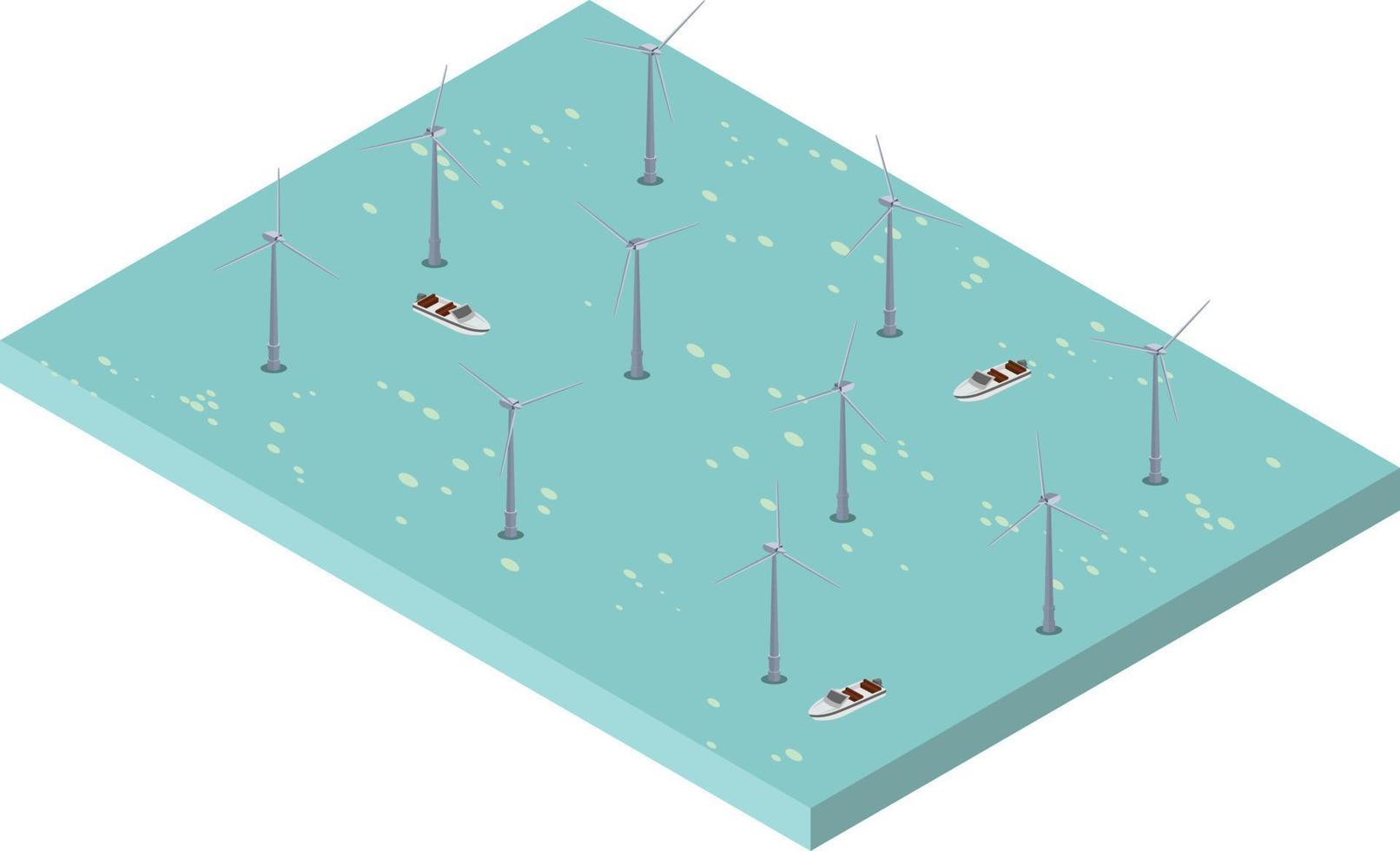 isometric scene of Wind turbines generating electricity and speed boat in the river ocean vector