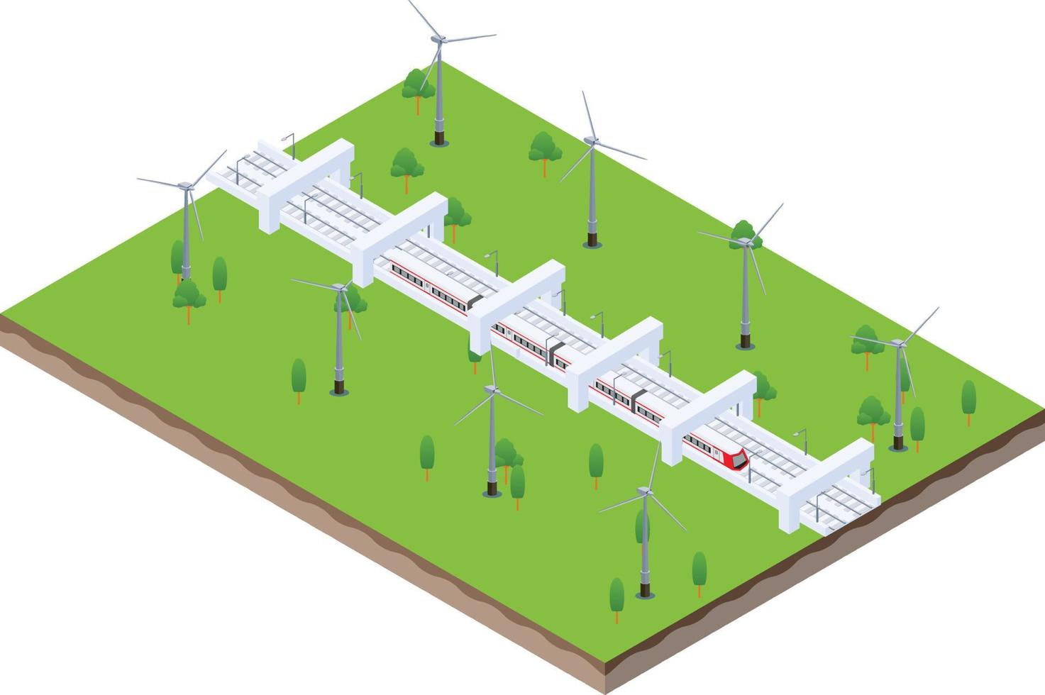 escena isométrica del moderno tren eléctrico de alta velocidad con turbinas eólicas que generan electricidad vector