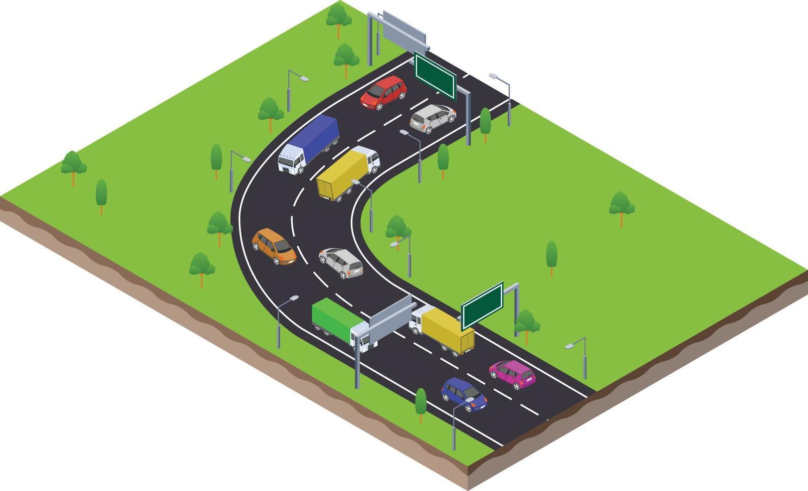 escena isométrica del automóvil subcompacto de transporte en la carretera de tráfico de la autopista curva vector