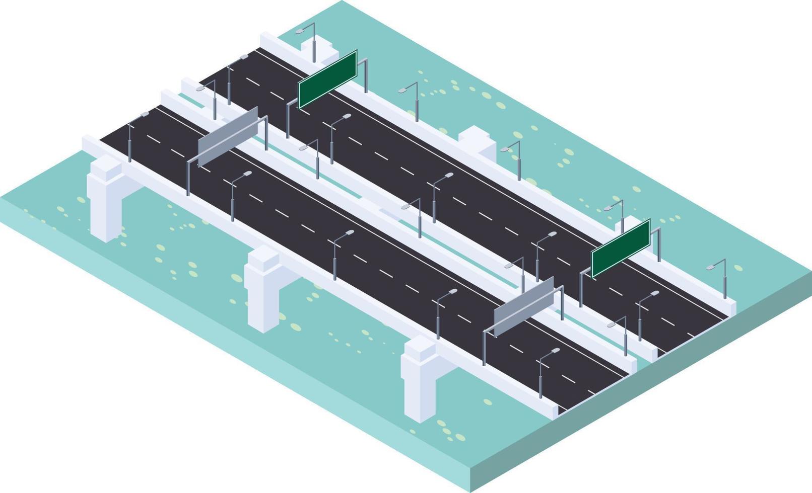 escena isométrica de la carretera de tráfico con puente sobre el río del océano vector