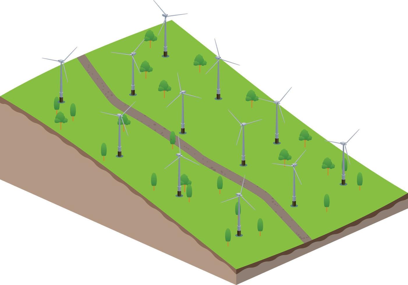 isometric scene of Wind turbines generating electricity in the hill vector