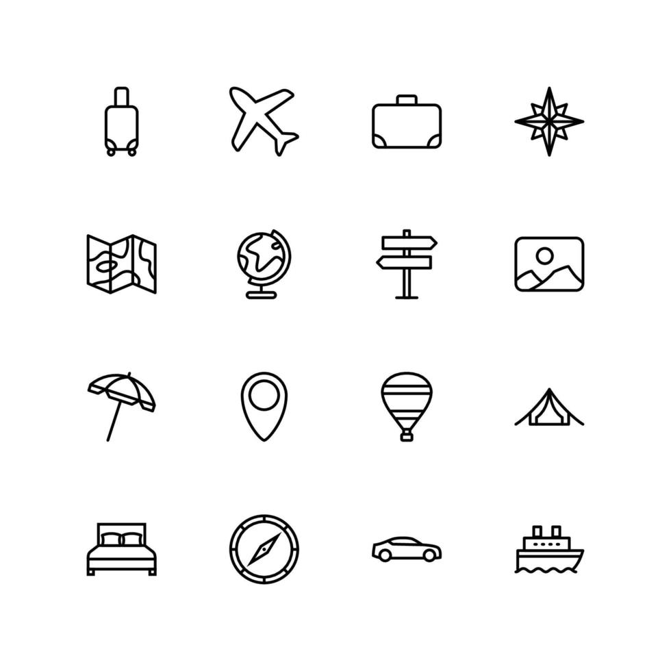 conjunto de 16 iconos de línea delgada de vector de viaje, colección de ilustración de botones de vector de viaje.