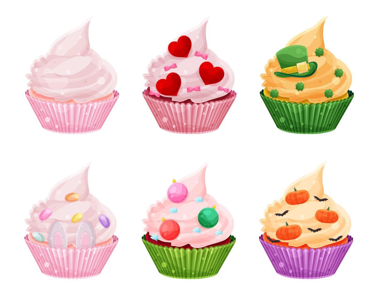cute delicious cupcake, set holiday cupcakes, homemade cakes vector